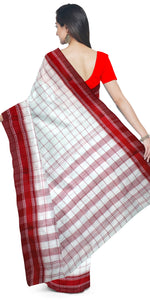 Red and White Dhaniakhali Cotton Saree with Checks-Tant saree-parinitasarees