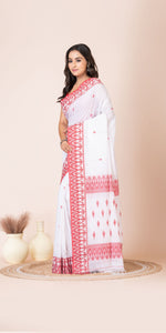Red and White Handspun Cotton Saree with Traditional Motifs-Handspun Cotton-parinitasarees