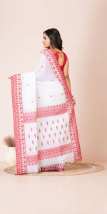 Red and White Handspun Cotton Saree with Traditional Motifs-Handspun Cotton-parinitasarees