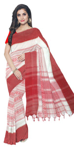 Red and White Soft Tant Saree with Geometric Patterns-Tant saree-parinitasarees