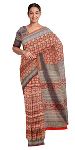 Rust Mul Cotton Saree with Paisley Motifs-Mul Cotton-parinitasarees