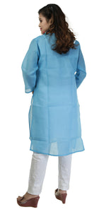 Sky Blue Cotton Chikankari Kurti with Paisley Motifs-Women's Chikankari Kurti-parinitasarees