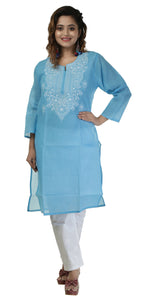 Sky Blue Cotton Chikankari Kurti with Paisley Motifs-Women's Chikankari Kurti-parinitasarees