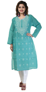 Teal Cotton Chikankari Kurti with Floral Motifs-Women's Chikankari Kurti-parinitasarees