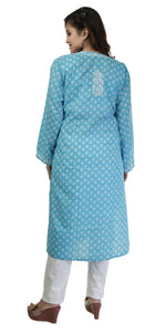 Teal Printed Cotton Chikankari Kurti with Floral Motifs-Women's Chikankari Kurti-parinitasarees