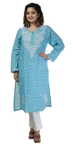 Teal Printed Cotton Chikankari Kurti with Floral Motifs-Women's Chikankari Kurti-parinitasarees