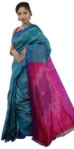 Turquoise Bishnupuri Silk Saree with Ikat Pattern-Bishnupuri silk saree-parinitasarees