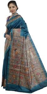 Turquoise Madhubani Painted Tussar Silk Saree-Tussar Saree-parinitasarees