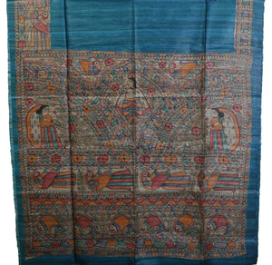 Turquoise Madhubani Painted Tussar Silk Saree-Tussar Saree-parinitasarees