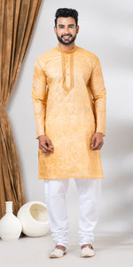 Tussar Silk Kurta with Floral Embroidery- M-Men's Kurtas-parinitasarees