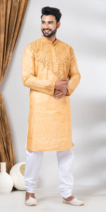 Tussar Silk Kurta with Golden Floral Patterns- L-Men's Kurtas-parinitasarees