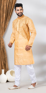 Tussar Silk Kurta with Golden Floral Patterns- L-Men's Kurtas-parinitasarees