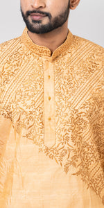Tussar Silk Kurta with Golden Floral Patterns- L-Men's Kurtas-parinitasarees