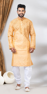 Tussar Silk Kurta with Golden Floral Patterns- L-Men's Kurtas-parinitasarees