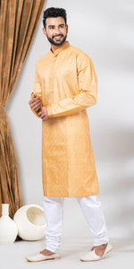 Tussar Silk Kurta with Golden and Cream Stripes Across- L-Men's Kurtas-parinitasarees