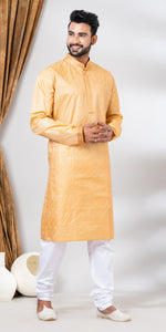 Tussar Silk Kurta with Golden and Cream Stripes Across- L-Men's Kurtas-parinitasarees