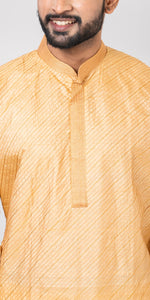 Tussar Silk Kurta with Golden and Cream Stripes Across- L-Men's Kurtas-parinitasarees