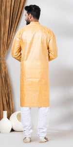 Tussar Silk Kurta with Golden and Cream Stripes Across- L-Men's Kurtas-parinitasarees