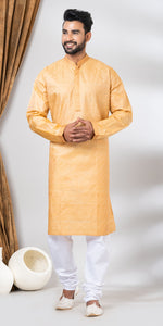 Tussar Silk Kurta with Golden and Cream Stripes Across- L-Men's Kurtas-parinitasarees