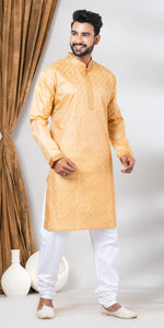 Tussar Silk Kurta with Golden and Cream Stripes Across- XL-Men's Kurtas-parinitasarees