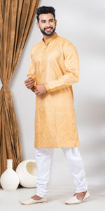 Tussar Silk Kurta with Golden and Cream Stripes Across- XL-Men's Kurtas-parinitasarees