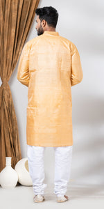 Tussar Silk Kurta with Golden and Cream Stripes Across- XL-Men's Kurtas-parinitasarees