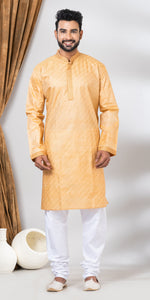 Tussar Silk Kurta with Golden and Cream Stripes Across- XL-Men's Kurtas-parinitasarees