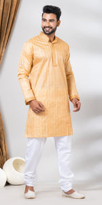 Tussar Silk Kurta with Golden and Cream Stripes- L-Men's Kurtas-parinitasarees