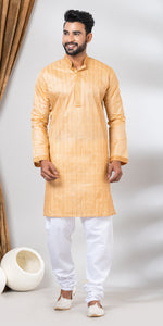 Tussar Silk Kurta with Golden and Cream Stripes- L-Men's Kurtas-parinitasarees