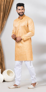 Tussar Silk Kurta with Golden and Cream Stripes- M-Men's Kurtas-parinitasarees