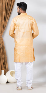 Tussar Silk Kurta with Golden and Cream Stripes- M-Men's Kurtas-parinitasarees