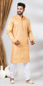 Tussar Silk Kurta with Golden and Cream Stripes- XL-Men's Kurtas-parinitasarees