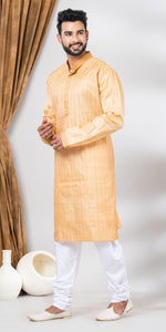 Tussar Silk Kurta with Golden and Cream Stripes- XL-Men's Kurtas-parinitasarees