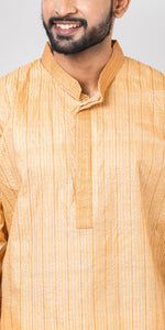 Tussar Silk Kurta with Golden and Cream Stripes- XL-Men's Kurtas-parinitasarees