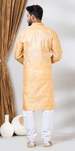 Tussar Silk Kurta with Golden and Cream Stripes- XL-Men's Kurtas-parinitasarees