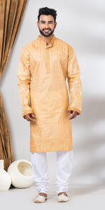 Tussar Silk Kurta with Golden and Cream Stripes- XL-Men's Kurtas-parinitasarees