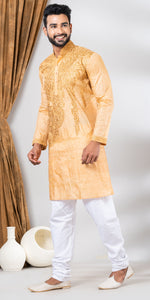 Tussar Silk Kurta with Grand Embroidery- M-Men's Kurtas-parinitasarees