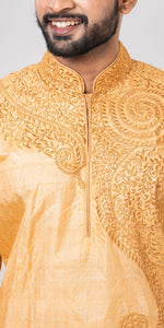 Tussar Silk Kurta with Intricate Floral Embroidery- XL-Men's Kurtas-parinitasarees