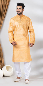 Tussar Silk Kurta with Intricate Floral Embroidery- XL-Men's Kurtas-parinitasarees