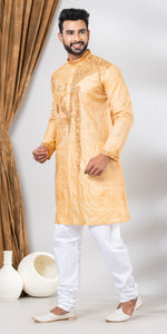 Tussar Silk Kurta with Magnificent Floral Embroidery- L-Men's Kurtas-parinitasarees