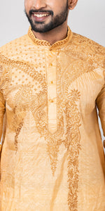 Tussar Silk Kurta with Magnificent Floral Embroidery- L-Men's Kurtas-parinitasarees