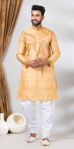 Tussar Silk Kurta with Magnificent Floral Embroidery- L-Men's Kurtas-parinitasarees