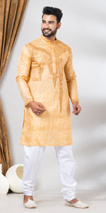 Tussar Silk Kurta with Magnificent Floral Embroidery- M-Men's Kurtas-parinitasarees