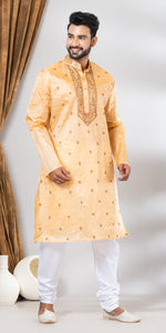 Tussar Silk Kurta with Ornate Floral Embroidery- XL-Men's Kurtas-parinitasarees