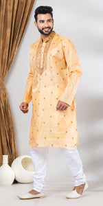 Tussar Silk Kurta with Ornate Floral Embroidery- XL-Men's Kurtas-parinitasarees