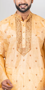 Tussar Silk Kurta with Ornate Floral Embroidery- XL-Men's Kurtas-parinitasarees