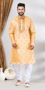 Tussar Silk Kurta with Ornate Floral Embroidery- XL-Men's Kurtas-parinitasarees