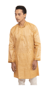 Tussar silk kurta with cream embroidered checks- L-Men's Kurtas-parinitasarees