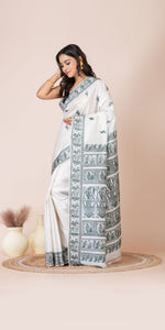 White Baluchari Silk Saree with Attractive Pallav-Baluchari saree-parinitasarees