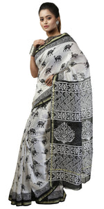 White Chanderi Saree with Camel Block Prints-Chanderi Sarees-parinitasarees